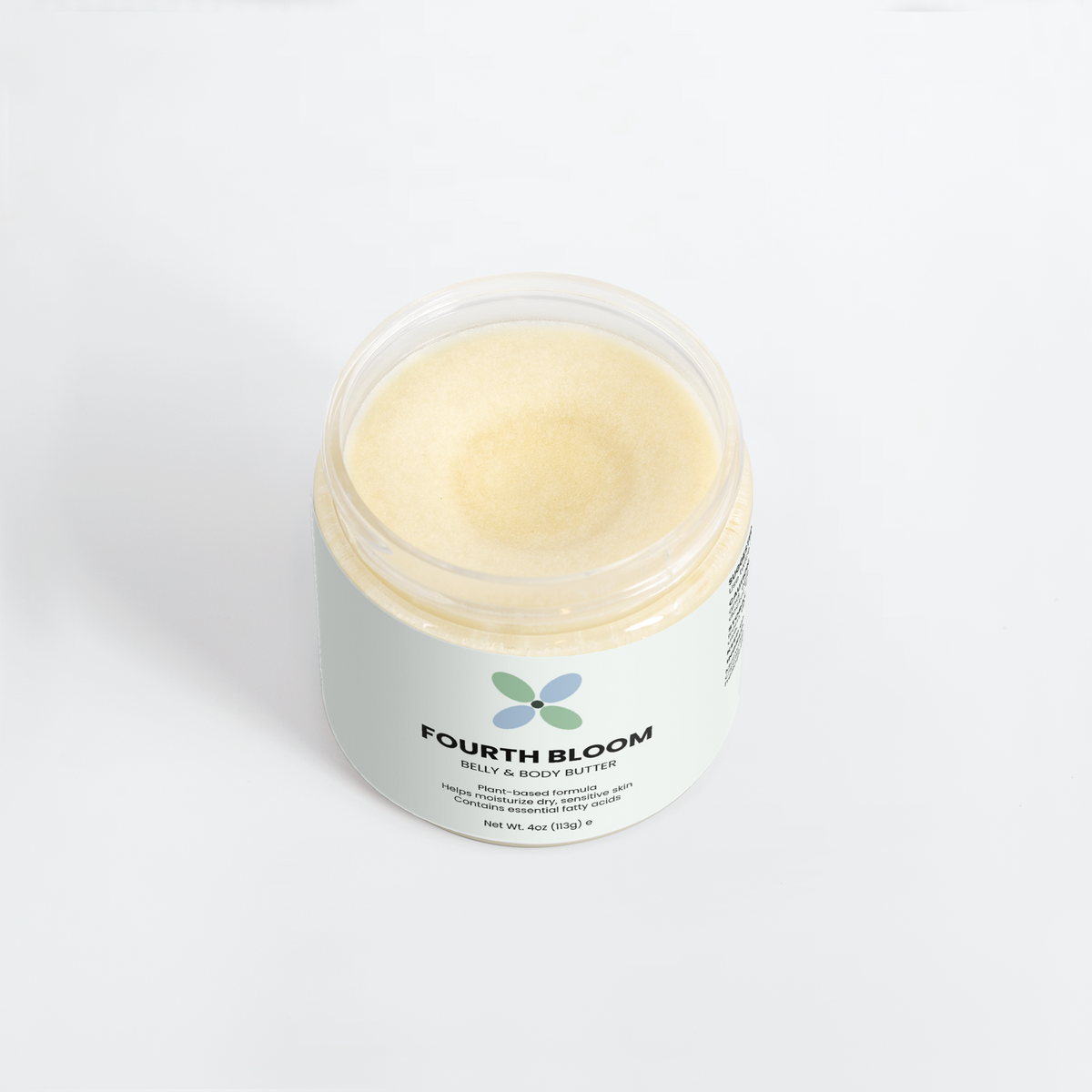 Fourth Bloom Belly & Body Butter open jar, 4 oz organic shea, top view