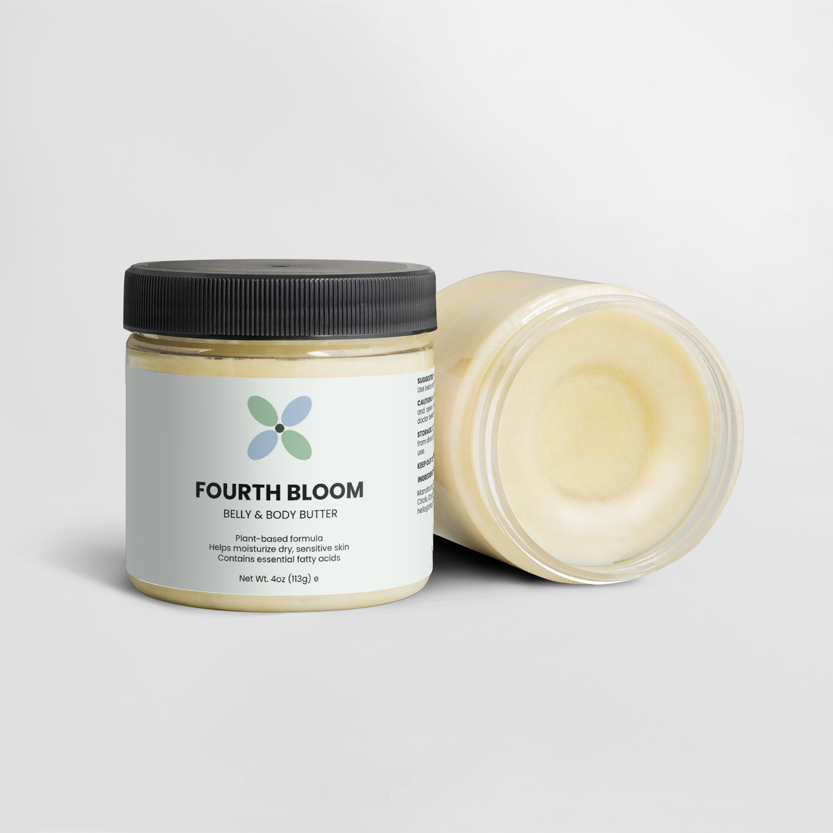Fourth Bloom Belly & Body Butter jars, 4 oz organic shea, one open