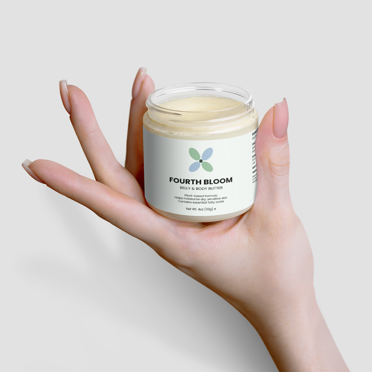 Fourth Bloom Belly & Body Butter open jar, 4 oz organic shea