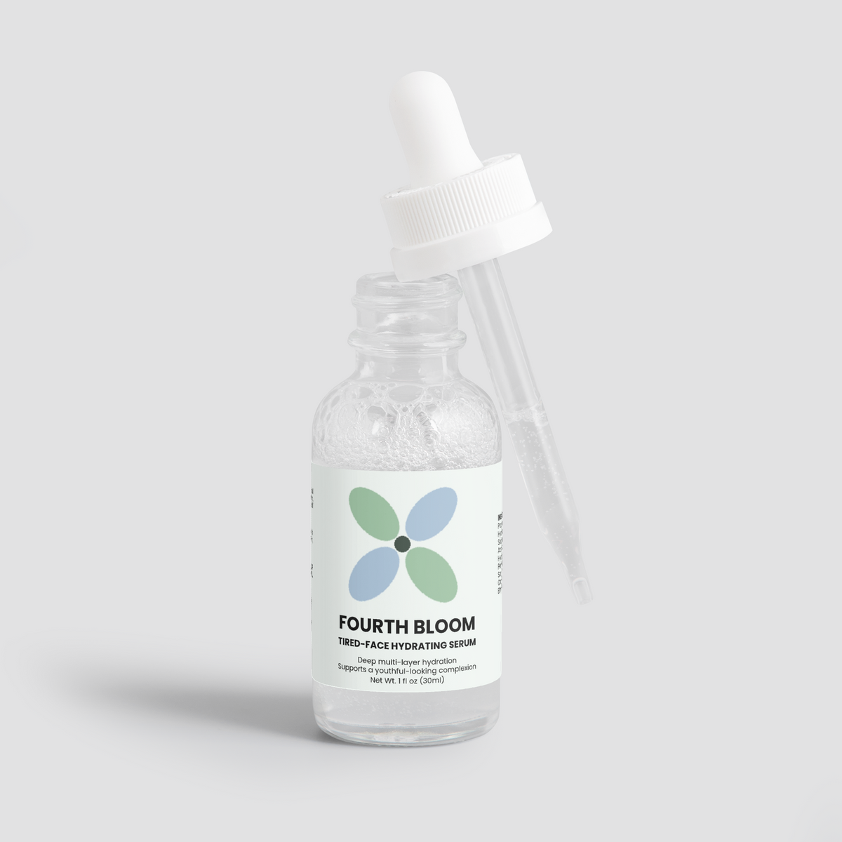 Fourth Bloom Tired-Face Hydrating Serum bottle with dropper out, 1 fl oz