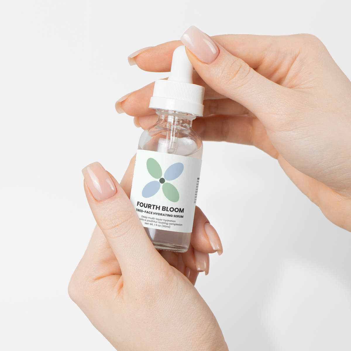 Fourth Bloom Tired-Face Hydrating Serum bottle, 1 fl oz, hands on dropper