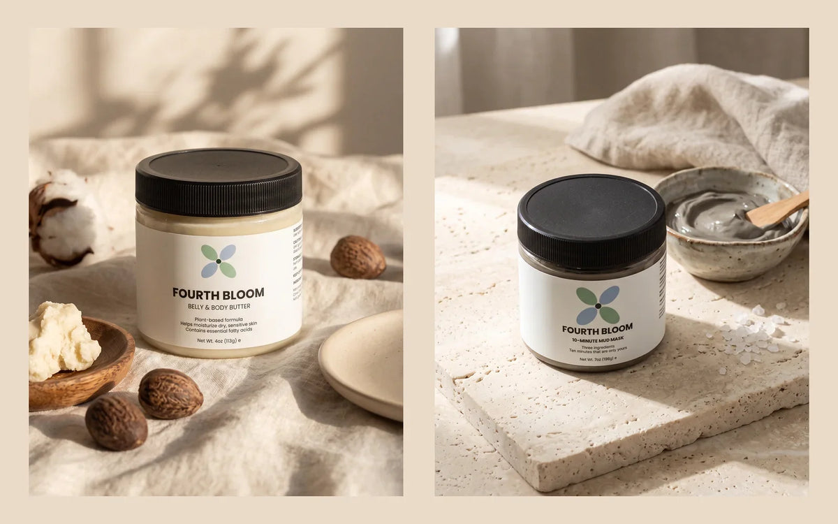 Fourth Bloom Belly & Body Butter and 10-Minute Mud Mask side by side, The Nightstand Set