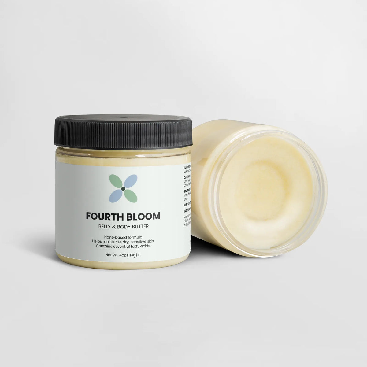 Fourth Bloom Belly & Body Butter jars, 4 oz organic shea, one open